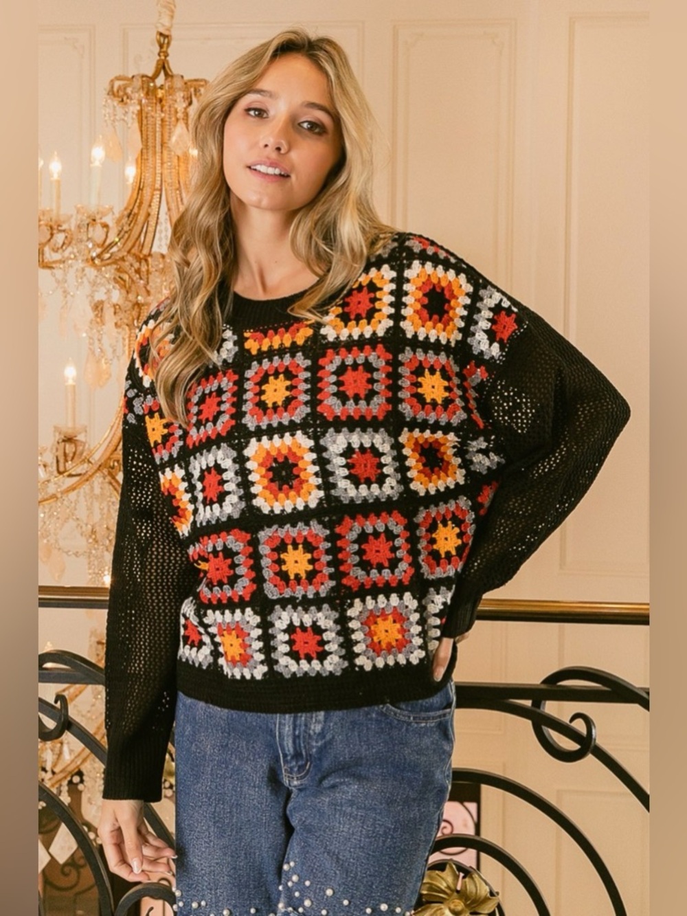 BiBi Granny Square Front Long Sleeve Top